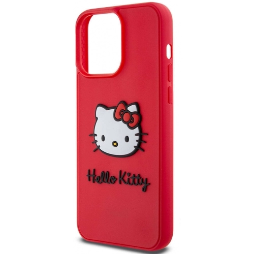 Apple iPhone 15 Pro (6.1) Kılıf Hello Kitty Orjinal Lisanslı Yazı ve İkonik Logolu 3D Rubber Kitty Head Kapak - Kırmızı