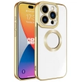 Apple iPhone 15 Pro (6.1) Kılıf Kamera Lens Korumalı Şeffaf Renkli Logo Gösteren Parlak Kapak - Gold