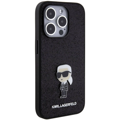 Apple iPhone 15 Pro (6.1) Kılıf Karl Lagerfeld İkonik Fixed Glitter Metal Logo Orjinal Lisanslı Kapak - Siyah