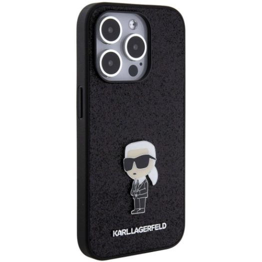 Apple iPhone 15 Pro (6.1) Kılıf Karl Lagerfeld İkonik Fixed Glitter Metal Logo Orjinal Lisanslı Kapak - Siyah