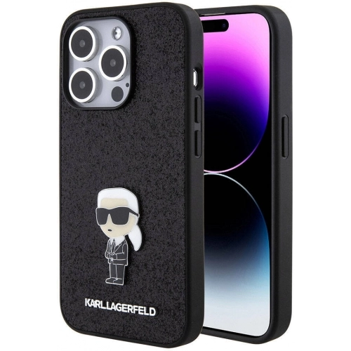 Apple iPhone 15 Pro (6.1) Kılıf Karl Lagerfeld İkonik Fixed Glitter Metal Logo Orjinal Lisanslı Kapak - Siyah
