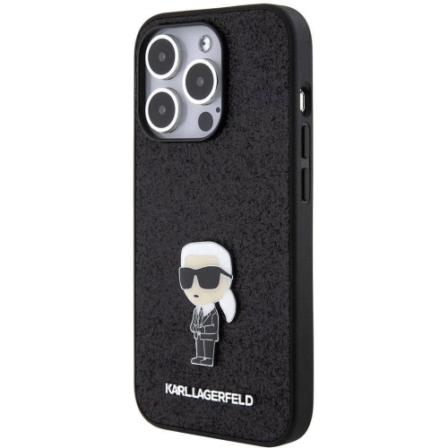 Apple iPhone 15 Pro (6.1) Kılıf Karl Lagerfeld İkonik Fixed Glitter Metal Logo Orjinal Lisanslı Kapak - Siyah