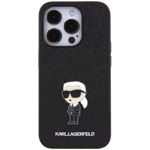 Apple iPhone 15 Pro (6.1) Kılıf Karl Lagerfeld İkonik Fixed Glitter Metal Logo Orjinal Lisanslı Kapak - Siyah