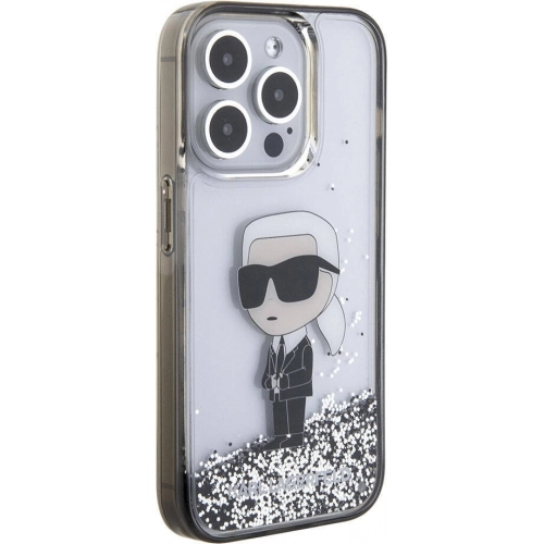 Apple iPhone 15 Pro (6.1) Kılıf Karl Lagerfeld İkonik Sıvılı Glitter Orjinal Lisanslı Kapak - Şeffaf