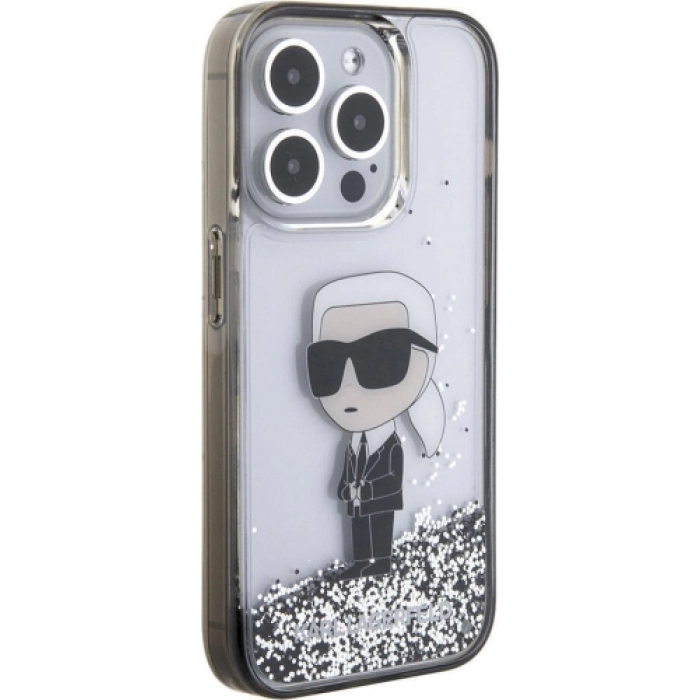 Apple iPhone 15 Pro (6.1) Kılıf Karl Lagerfeld İkonik Sıvılı Glitter Orjinal Lisanslı Kapak - Şeffaf