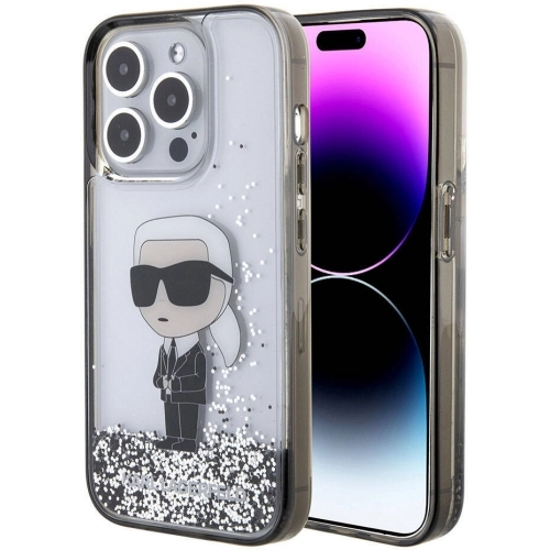 Apple iPhone 15 Pro (6.1) Kılıf Karl Lagerfeld İkonik Sıvılı Glitter Orjinal Lisanslı Kapak - Şeffaf