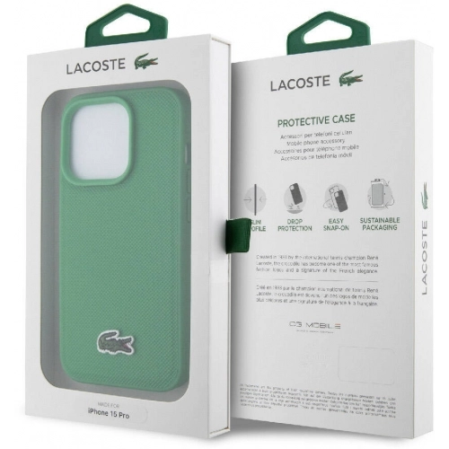 Apple iPhone 15 Pro (6.1) Kılıf Lacoste Orjinal Lisanslı PU Pike Desenli Arka Yüzey İkonik Timsah Dokuma Logolu Kapak - Yeşil