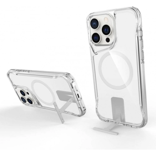 Apple iPhone 15 Pro (6.1) Kılıf MagSafe Özellikli Standlı TPU Kenarları Esnek T-Max Kapak - Şeffaf