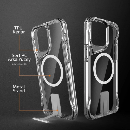 Apple iPhone 15 Pro (6.1) Kılıf MagSafe Özellikli Standlı TPU Kenarları Esnek T-Max Kapak - Şeffaf