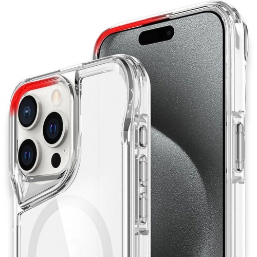 Apple iPhone 15 Pro (6.1) Kılıf MagSafe Özellikli Standlı TPU Kenarları Esnek T-Max Kapak - Şeffaf