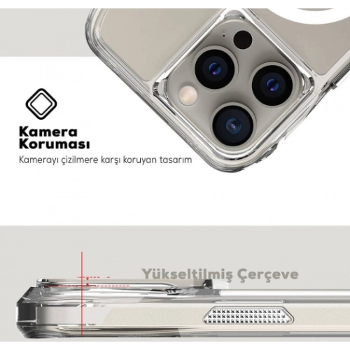 Apple iPhone 15 Pro (6.1) Kılıf Magsafe Şarj Özellikli Airbagli Şeffaf İncek Kapak - Şeffaf