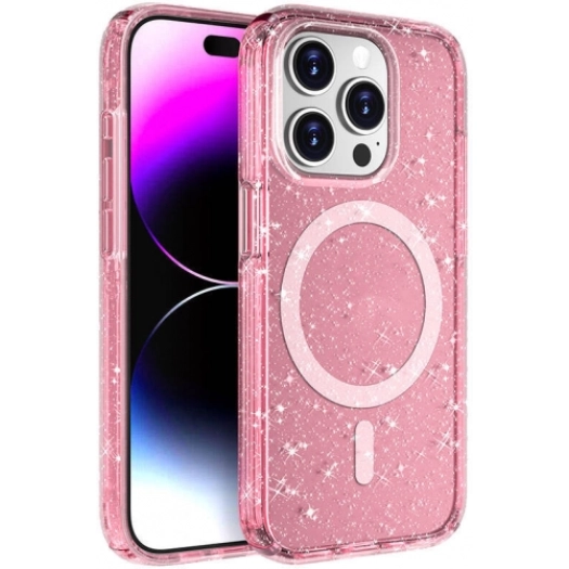 Apple iPhone 15 Pro (6.1) Kılıf Magsafe Şarj Özellikli Parlayan Simli Saydam Renkli Allstar Kapak - Pembe