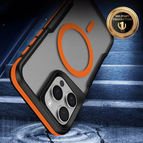 Apple iPhone 15 Pro (6.1) Kılıf Magsafe Şarj Özellikli Renkli Kenar Airbag Şeritli Lamer TPU MagSafe Kapak - Turuncu