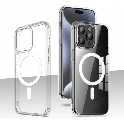 Apple iPhone 15 Pro (6.1) Kılıf Magsafe Şarj Özellikli Şeffaf Sert PC Embos Kapak - Şeffaf