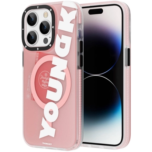 Apple iPhone 15 Pro (6.1) Kılıf Magsafe Şarj Özellikli Youngkit Binfen Serisi Yazı Temalı Kapak - Pembe