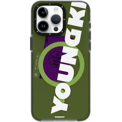 Apple iPhone 15 Pro (6.1) Kılıf Magsafe Şarj Özellikli Youngkit Binfen Serisi Yazı Temalı Kapak - Yeşil