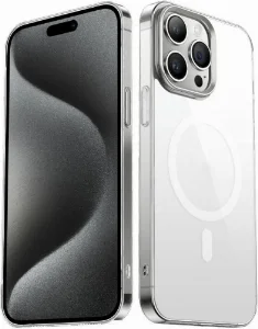 Apple iPhone 15 Pro (6.1) Kılıf Mıknatıslı Wireless Şarj Özellikli Şeffaf G-Glass Kapak - Gümüş