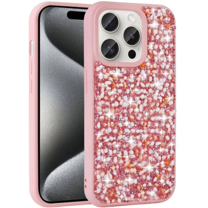 Apple iPhone 15 Pro (6.1) Kılıf Parlak Taşlı Tasarım Zore Linea Kapak - Pembe