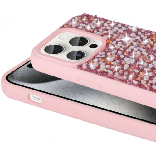 Apple iPhone 15 Pro (6.1) Kılıf Parlak Taşlı Tasarım Zore Linea Kapak - Pembe