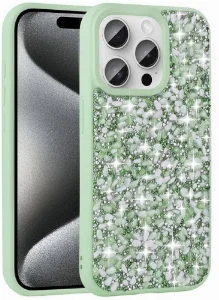 Apple iPhone 15 Pro (6.1) Kılıf Parlak Taşlı Tasarım Zore Linea Kapak - Yeşil