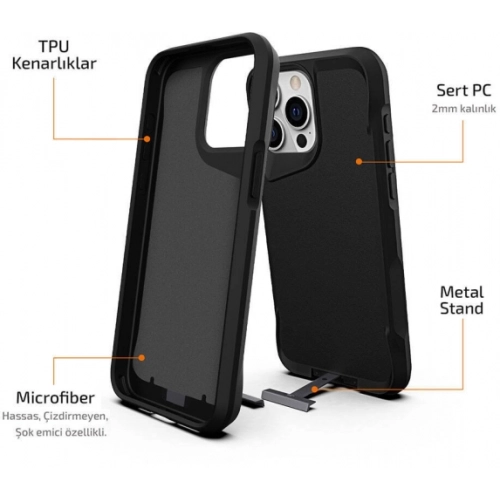 Apple iPhone 15 Pro (6.1) Kılıf Standlı TPU Kenarları Esnek Mat T-Max Kapak - Gri