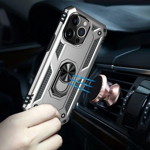 Apple iPhone 15 Pro (6.1) Kılıf Silikon Zırhlı Standlı Yüzüklü Mıknatıslı Tank Kapak - Gümüş