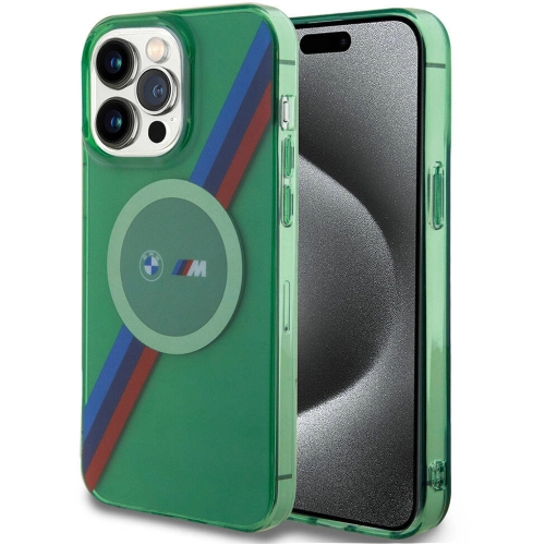 Apple iPhone 15 Pro (6.1) Kılıf BMW Magsafe Şarj Özellikli Transparan Tricolor Stripes Orjinal Lisanslı Kapak - Yeşil
