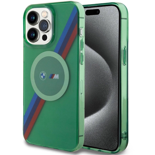 Apple iPhone 15 Pro (6.1) Kılıf BMW Magsafe Şarj Özellikli Transparan Tricolor Stripes Orjinal Lisanslı Kapak - Yeşil