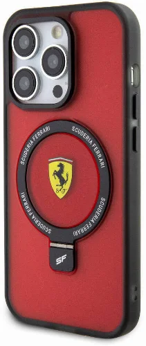 Apple iPhone 15 Pro (6.1) Kılıf Ferrari Magsafe Şarj Özellikli Standlı Buzlu Yüzey Dizayn Kapak - Siyah