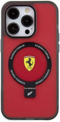 Apple iPhone 15 Pro (6.1) Kılıf Ferrari Magsafe Şarj Özellikli Standlı Buzlu Yüzey Dizayn Kapak - Siyah