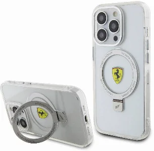 Apple iPhone 15 Pro (6.1) Kılıf Ferrari Magsafe Şarj Özellikli Standlı Buzlu Yüzey Dizayn Kapak - Gümüş