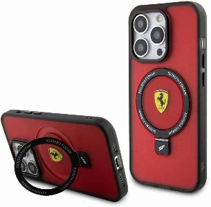 Apple iPhone 15 Pro (6.1) Kılıf Ferrari Magsafe Şarj Özellikli Standlı Buzlu Yüzey Dizayn Kapak - Kırmızı