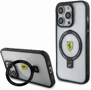 Apple iPhone 15 Pro (6.1) Kılıf Ferrari Magsafe Şarj Özellikli Standlı Buzlu Yüzey Dizayn Kapak - Transparan Siyah
