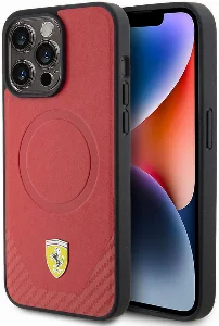 Apple iPhone 15 Pro (6.1) Kılıf Ferrari Orjinal Lisanslı Magsafe Şarj Özellikli Metal Logolu PU Karbon Kapak - Kırmızı
