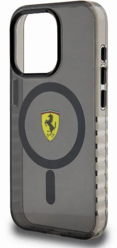 Apple iPhone 15 Pro (6.1) Kılıf Ferrari Orjinal Lisanslı Magsafe Şarj Özellikli Tırtıklı Kenar Tasarımlı Ortalanmış Logo Kapak - Siyah