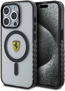 Apple iPhone 15 Pro (6.1) Kılıf Ferrari Orjinal Lisanslı Magsafe Şarj Özellikli Tırtıklı Kenar Tasarımlı Ortalanmış Logo Kapak - Şeffaf