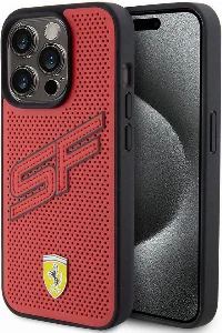 Apple iPhone 15 Pro (6.1) Kılıf Ferrari Orjinal Lisanslı PU Delikli Arka Yüzey Metal Logolu Dikişli Büyük SF Yazılı Kapak - Kırmızı