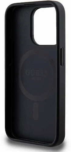 Apple iPhone 15 Pro (6.1) Kılıf Guess Magsafe Şarj Özellikli PU Deri Desenli Metal Plaka Logolu Kapak - Siyah