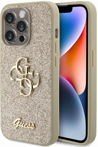 Apple iPhone 15 Pro Kılıf Guess Orjinal Lisanslı 4G Büyük Metal Logolu Glitter Kapak - Gold
