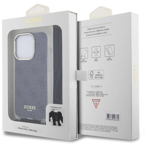 Apple iPhone 15 Pro Kılıf Guess Orjinal Lisanslı Çapraz Kordon 4G Desenli Kapak - Kahverengi