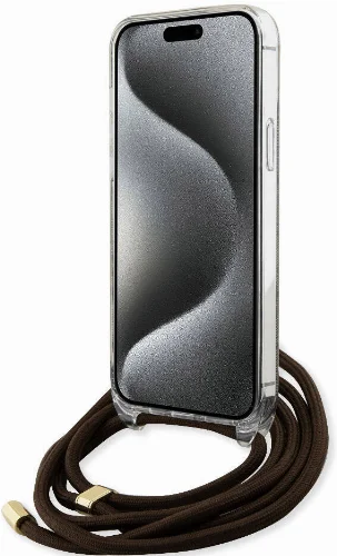 Apple iPhone 15 Pro Kılıf Guess Orjinal Lisanslı Çapraz Kordon 4G Desenli Kapak - Kahverengi