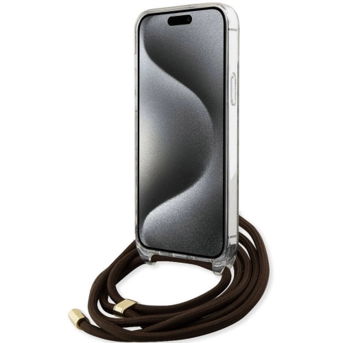 Apple iPhone 15 Pro Kılıf Guess Orjinal Lisanslı Çapraz Kordon 4G Desenli Kapak - Kahverengi