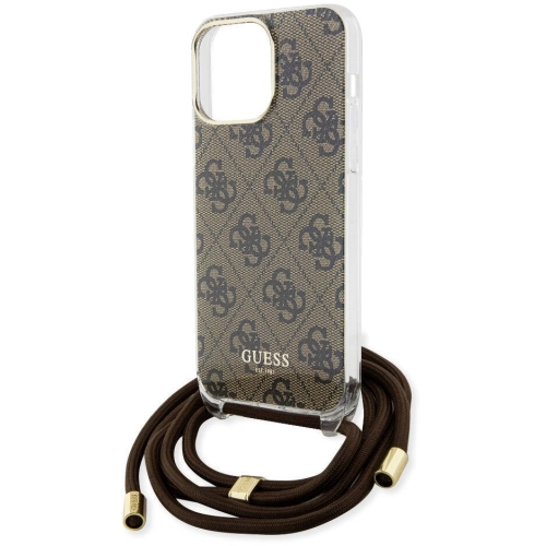 Apple iPhone 15 Pro Kılıf Guess Orjinal Lisanslı Çapraz Kordon 4G Desenli Kapak - Kahverengi