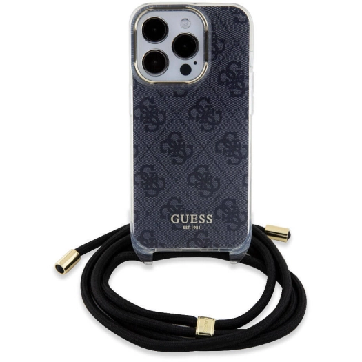 Apple iPhone 15 Pro Kılıf Guess Orjinal Lisanslı Çapraz Kordon 4G Desenli Kapak - Siyah