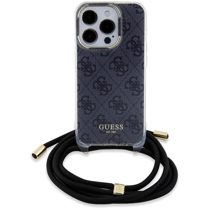 Apple iPhone 15 Pro Kılıf Guess Orjinal Lisanslı Çapraz Kordon 4G Desenli Kapak - Siyah