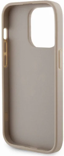 Apple iPhone 15 Pro Kılıf Guess Orjinal Lisanslı Delikli Yazı ve 4G Glitter Büyük Metal Logolu Kapak - Gold
