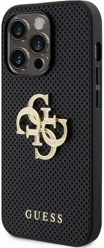 Apple iPhone 15 Pro Kılıf Guess Orjinal Lisanslı Delikli Yazı ve 4G Glitter Büyük Metal Logolu Kapak - Kahverengi