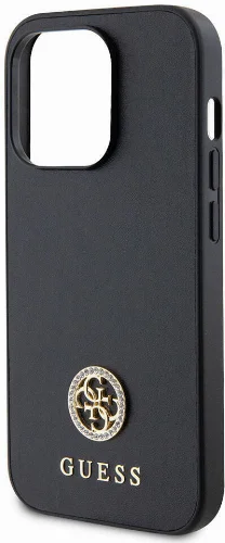 Apple iPhone 15 Pro Kılıf Guess Orjinal Lisanslı Deri 4G Metal Logo Strass Kapak - Siyah