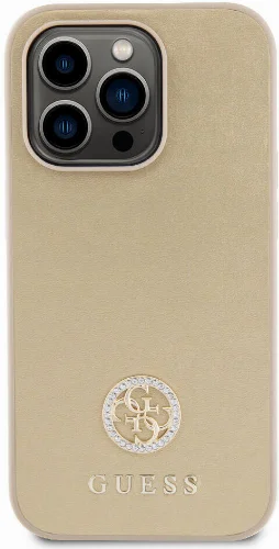 Apple iPhone 15 Pro Kılıf Guess Orjinal Lisanslı Deri 4G Metal Logo Strass Kapak - Gold