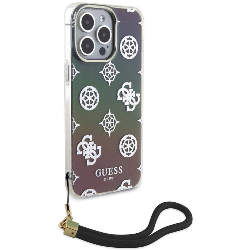 Apple iPhone 15 Pro Kılıf Guess Orjinal Lisanslı Desenli Yazı Logolu Askı İpli Holografik Glitter Peony Kapak - Siyah